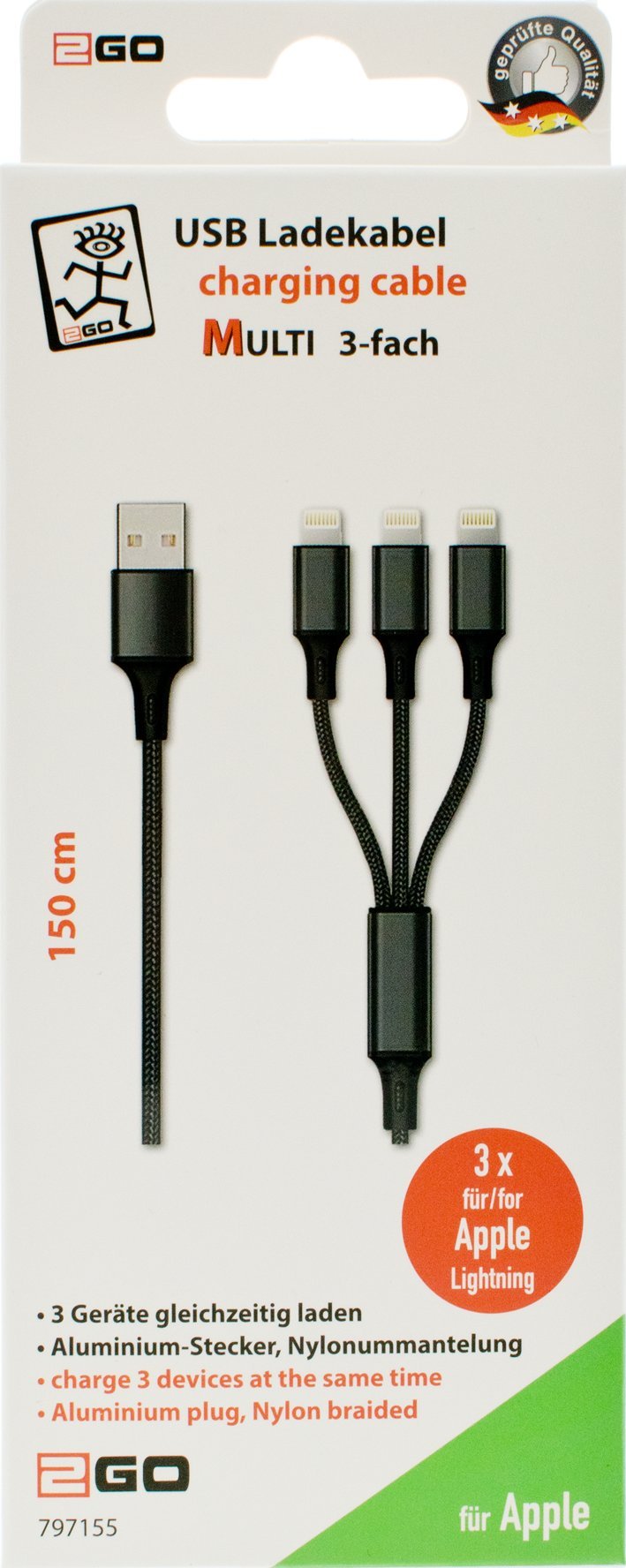 Kabllo USB 2GO 3 në 1, USB A në USB C microUSB Lightning, 1.5 m, e zezë