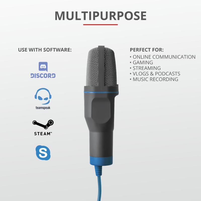 Mikrofon PC Trust Mico, USB dhe 3.5mm, me tripod, i zi blu