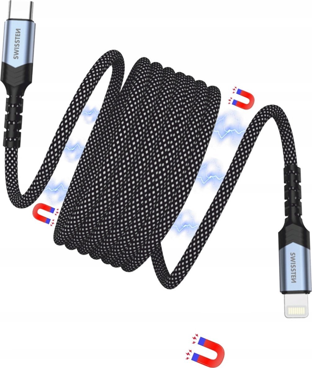 Kabull magnetik Swissten Self Retracting, USB C dhe Lightning, 1 m, zi argjend