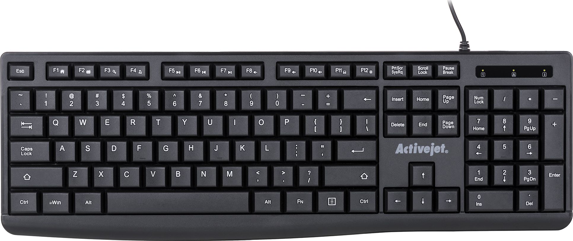Тастатура со кабел Activejet K-3803S, USB, 104 копчиња, црна