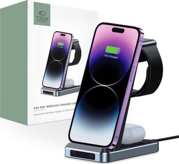 Karikues wireless 3n1 Tech-Protect QI15W-A26, 15W, me LED, i zi