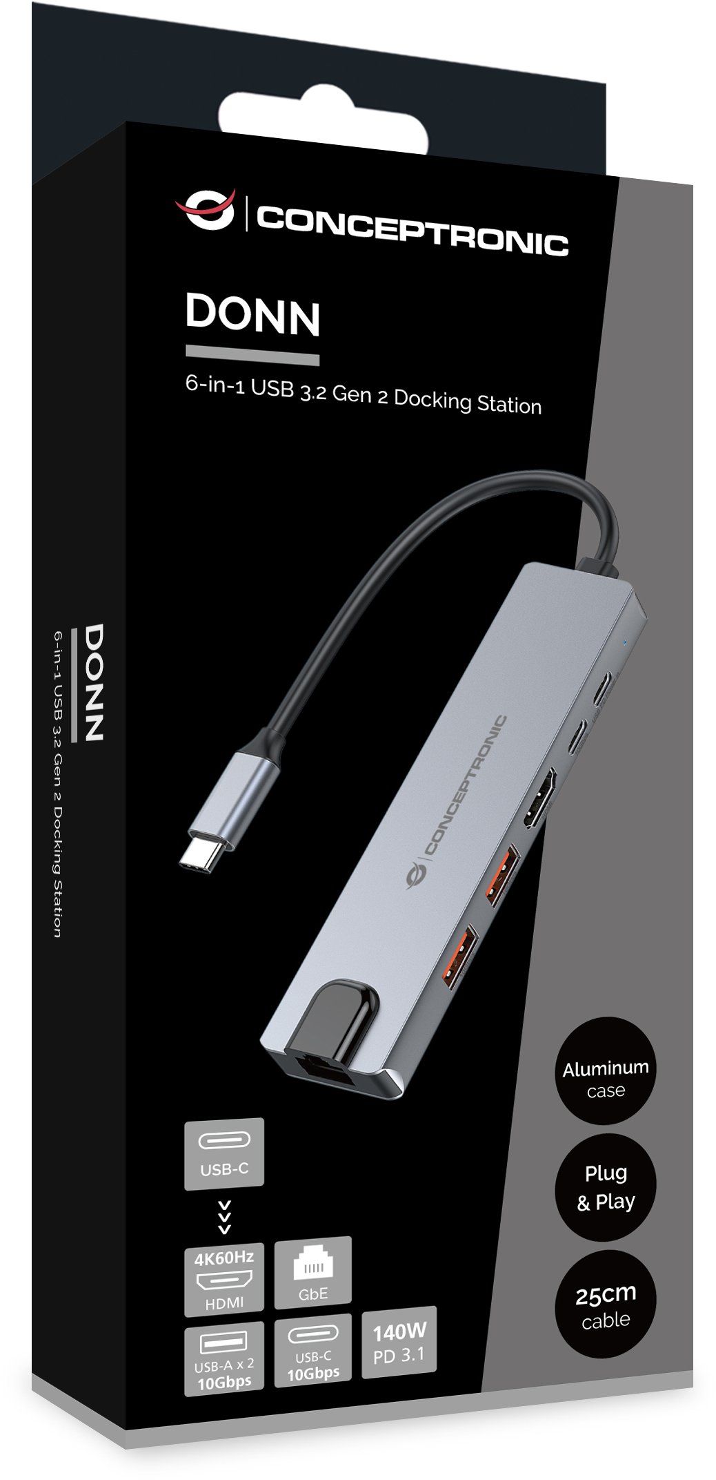Docking station Conceptronic DONN29G, 6 në 1, 4K 60Hz, gri
