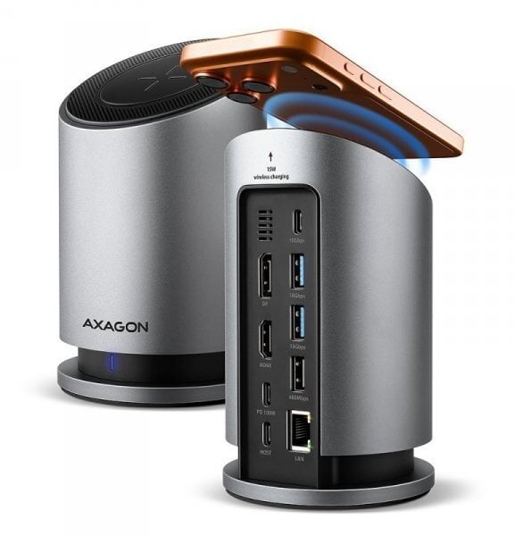 Docking station USB C AXAGON HMC WL9, 9 në 1, 15W wireless, gri metalik