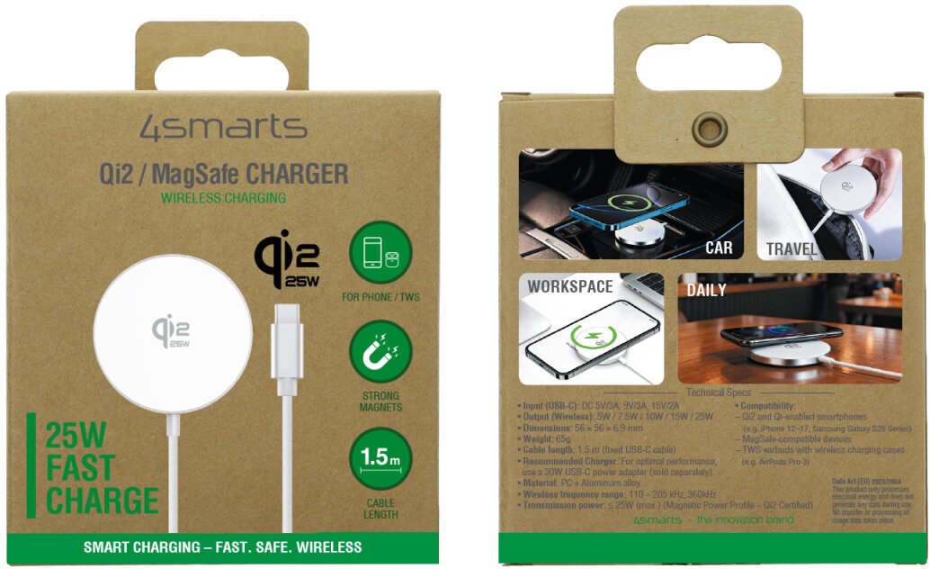 Безжичен полнач со MagSafe 4smarts Qi2, 25W, USB C, бел