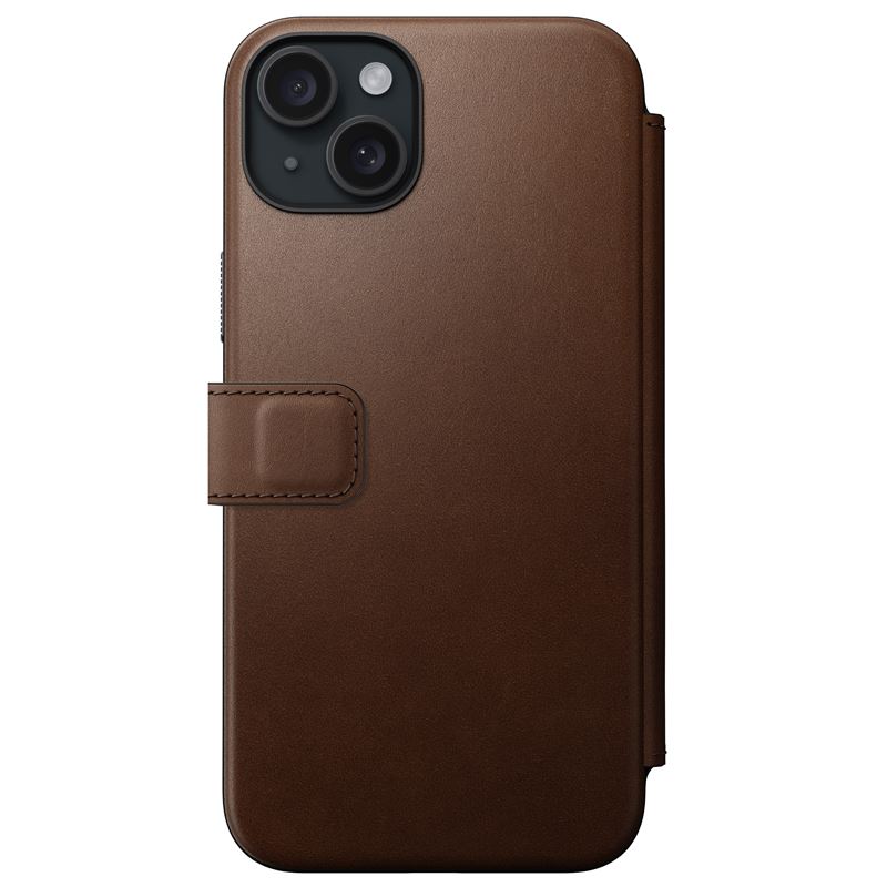 Futrollë folio Nomad Modern Leather për iPhone 15 Plus, lëkurë natyrale, me mbajtëse kartash, ngjyrë kafe