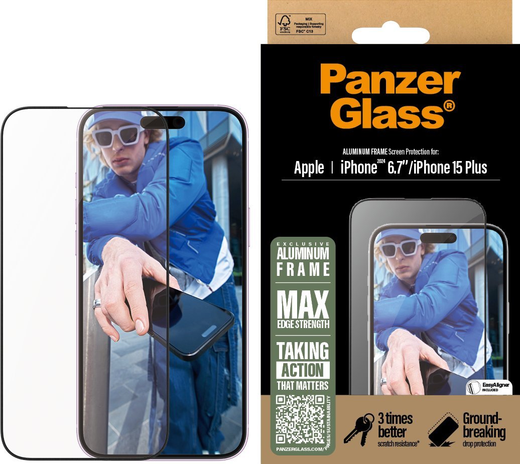 Qelq mbrojtës CARE by PanzerGlass, për iPhone 16 Plus dhe 15 Plus, kornizë alumini, transparent
