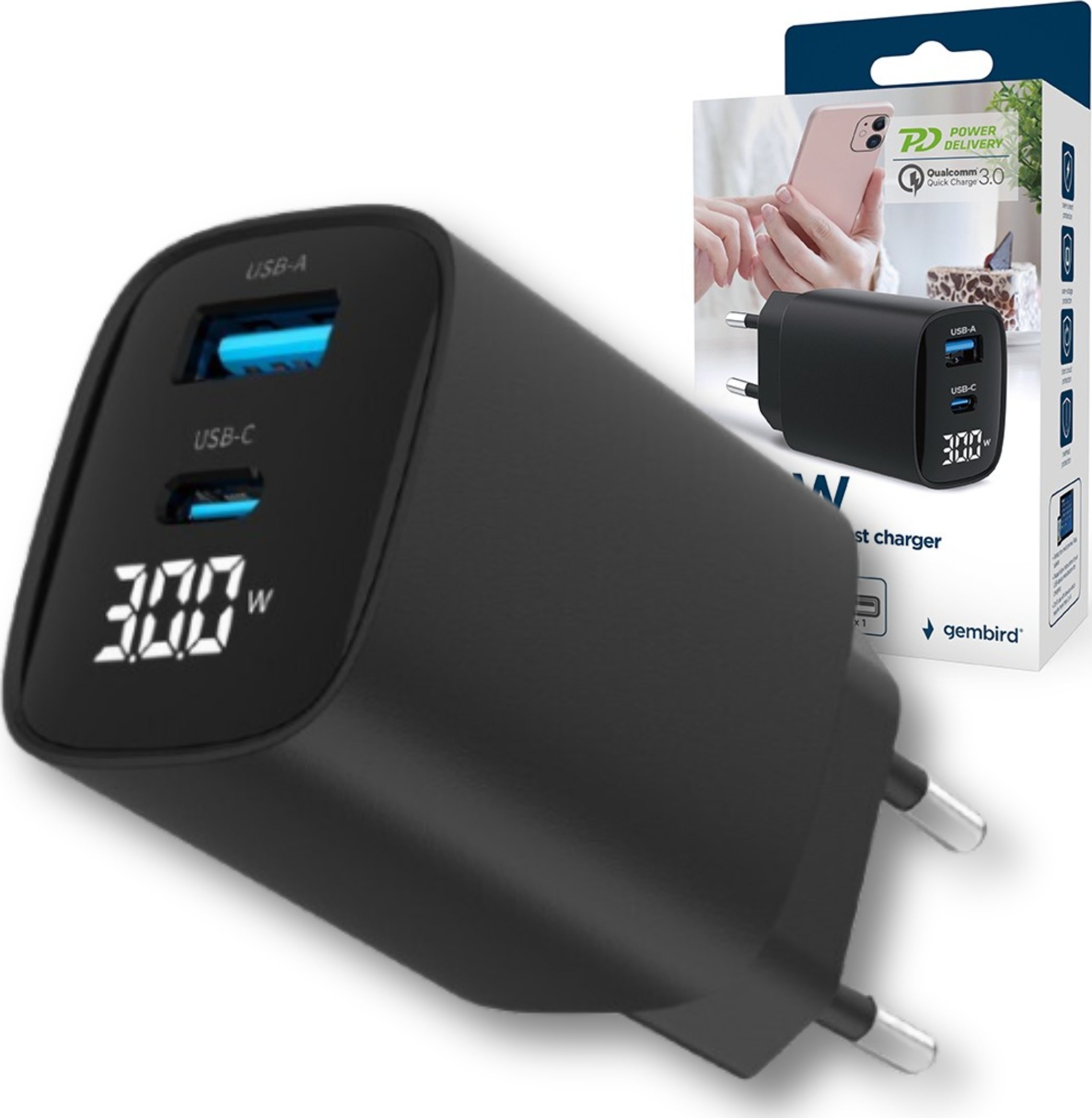 Karikues universal Gembird GaN, 30W, 2 porta USB USB C, me ekran LCD, i zi