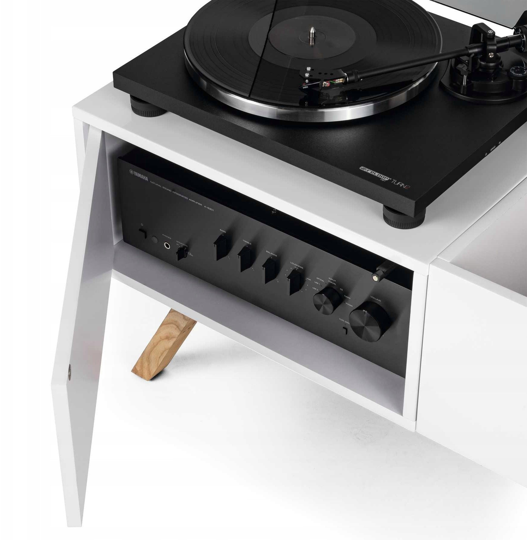 Komodë gramafoni Glorious Turntable Lowboard, hapësirë për 130 vinile, dru i bardhë me shkëlqim