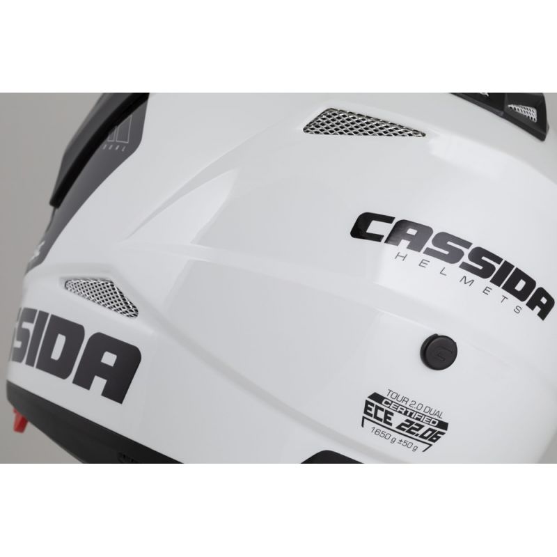 Helmetë moto CASSIDA Tour 2.0 X-tra, me peak, ECE 22.06, e bardhë e kuqe e zezë, madhësia XL