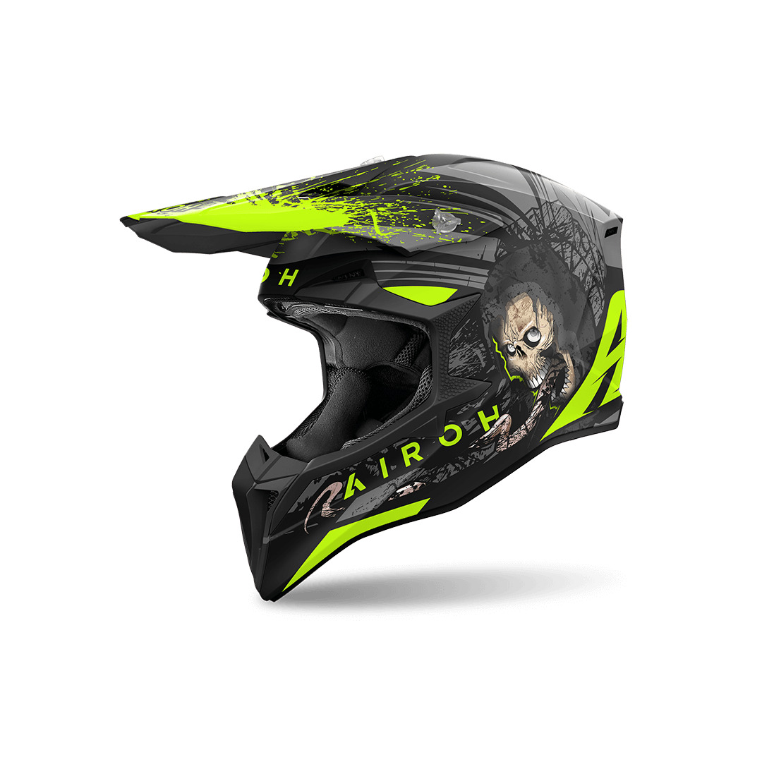 Helmeta motocross Airoh Wraaap Darkness, madhësia L, mat e zezë gri neon e verdhë