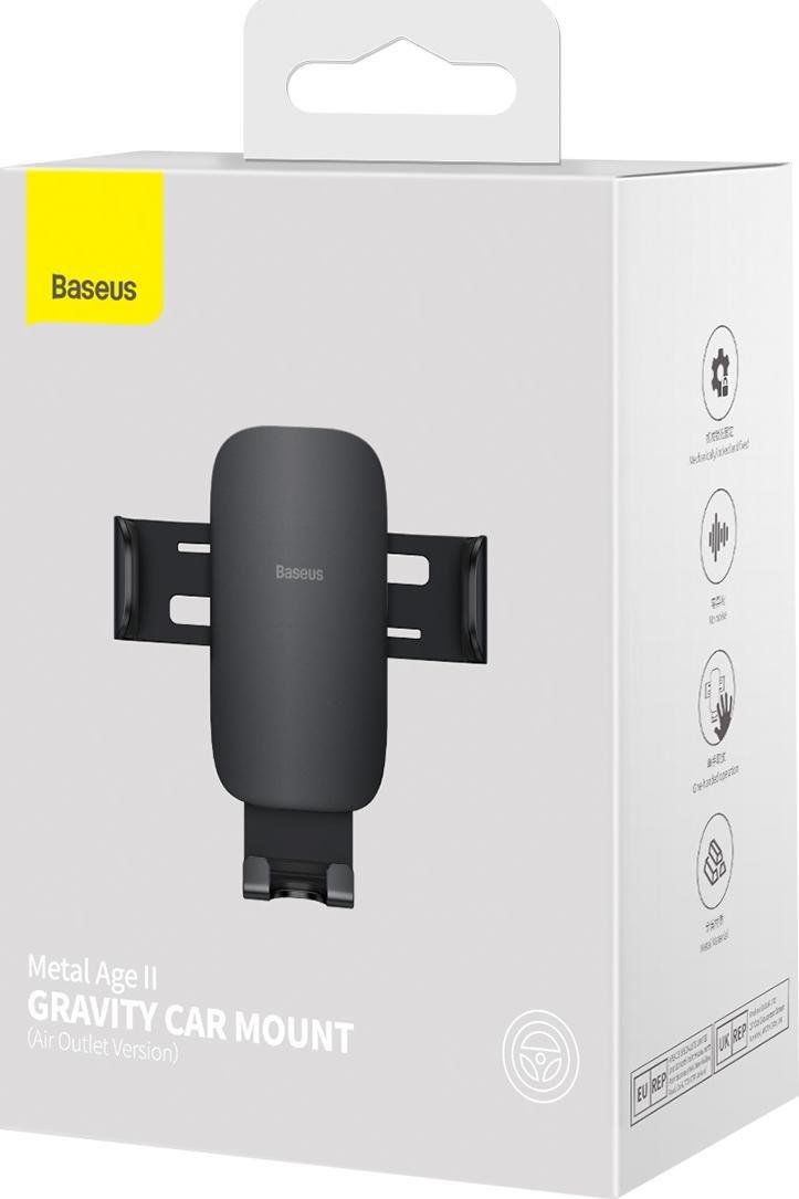 Mbajtës telefoni për makinë Baseus Metal Age II, gravitacional, gjerësi deri 86mm, i zi