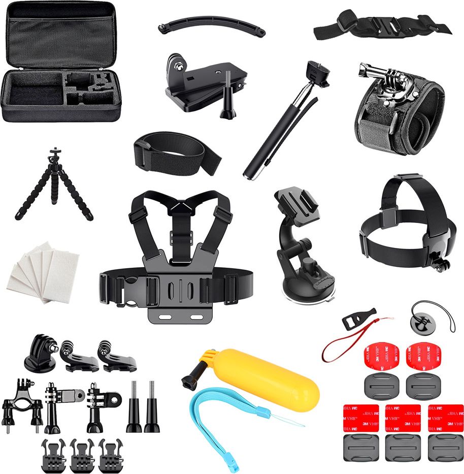 Set aksesorësh Hurtel 50 në 1 për kamera sportive GoPro SJCAM, me tripod, me monopod selfie, i zi