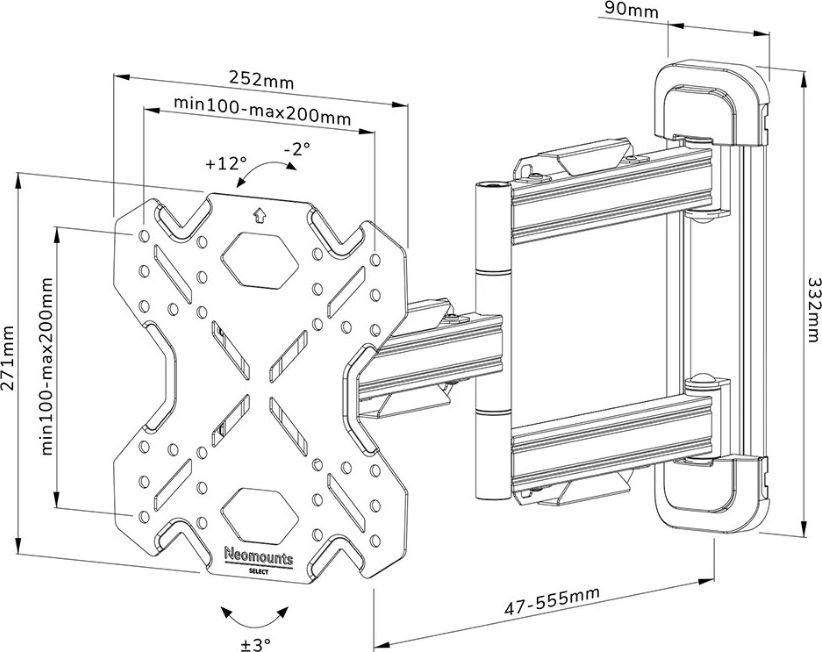 Ѕиден држач за ТВ Neomounts WL40S-850BL12, 32"-55", 40 kg, црн