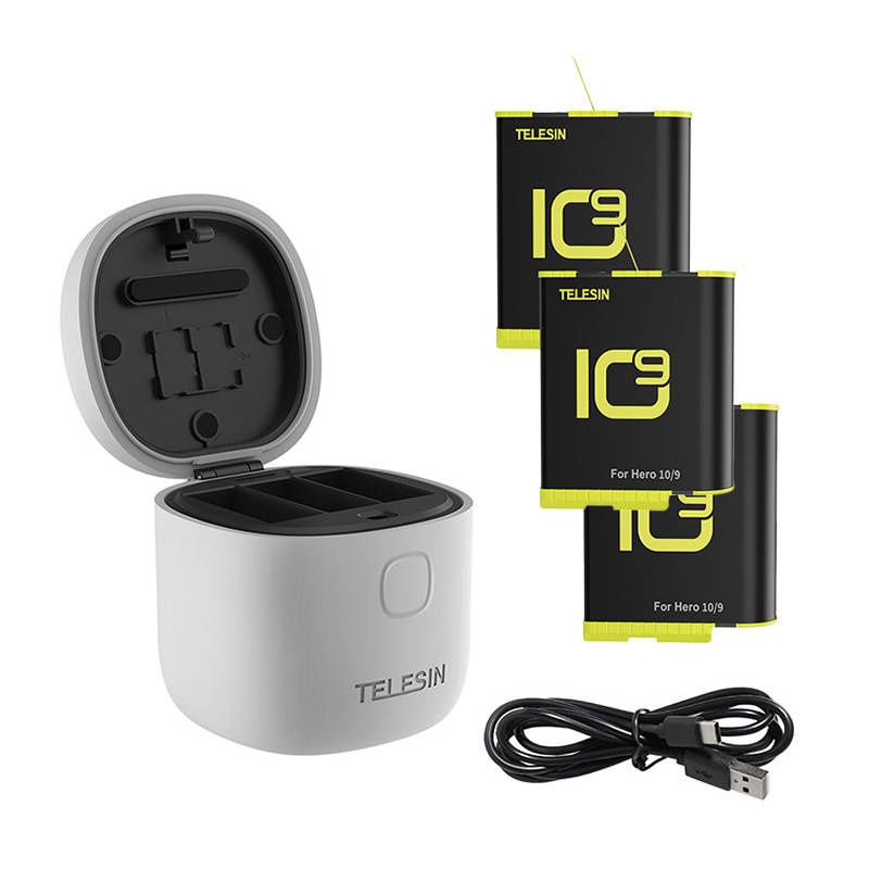 Set karikuesi Telesin Allin Box për GoPro Hero 9 10, 3 bateri 1750mAh, USB C, gri