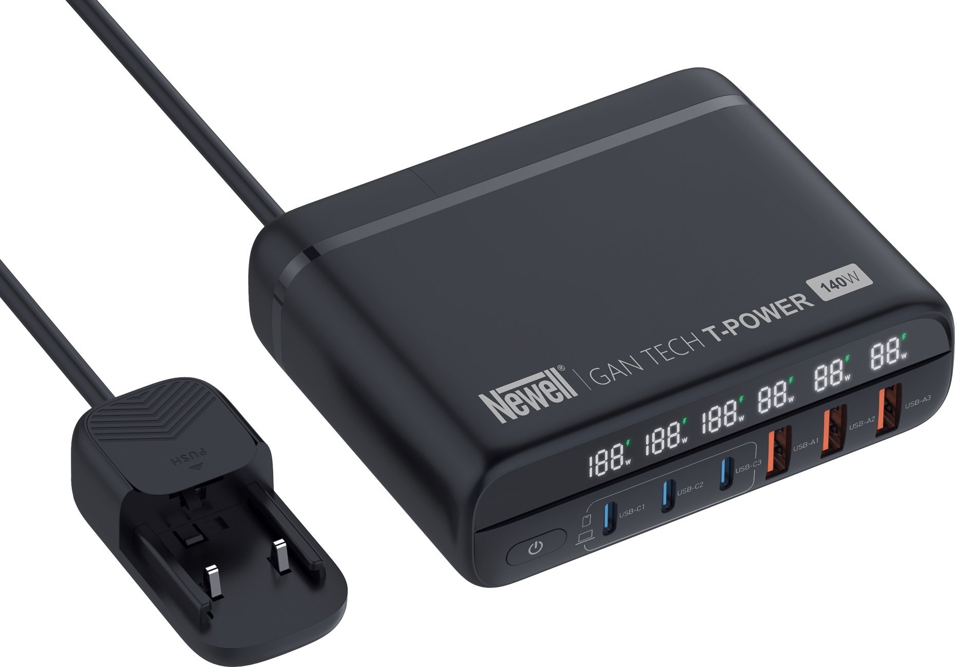 Karikues muri Newell GaN Tech T-power, 140W, 6 porte USB, me adapterë prizash