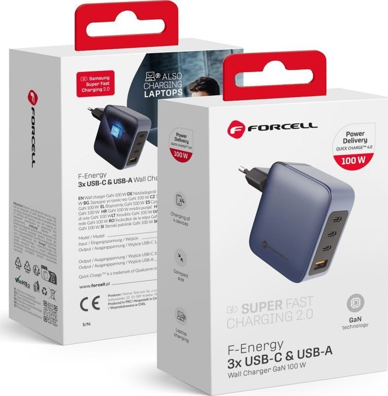 Karikues murale Forcell F Energy GaN 100W, 3x USB C, USB A, grafit