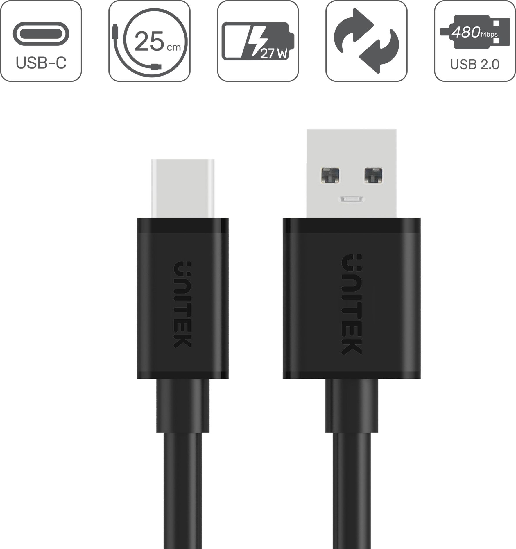 Кабел USB Unitek Y-C480BK, USB-A во USB-C, 0.25 м, црн