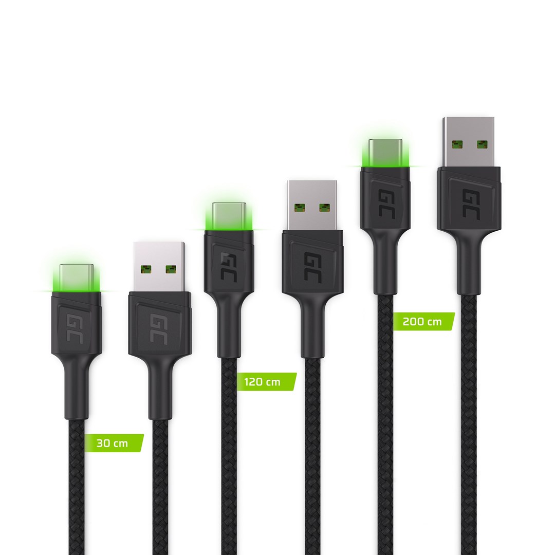Сет кабли Green Cell, USB-A во USB-C, 3 парчиња, 2 m, црна