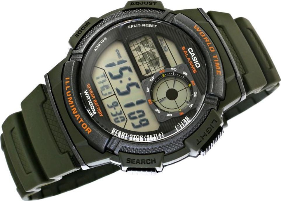 Ora digjitale Casio Illuminator AE-1000W-3A, quartz, 100m rezistente ndaj ujit, jeshile