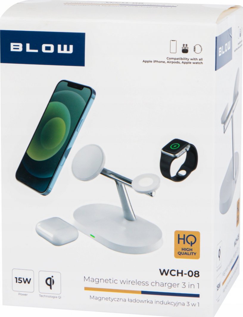Karikues wireless Blow WCH-08, 15W, 3 në 1, i bardhë