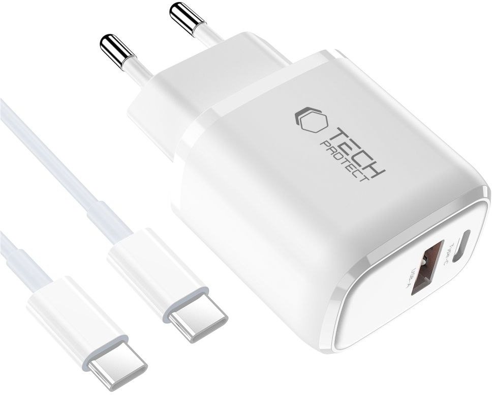 Karikues muri Tech-Protect NCA20, 20W PD QC3.0, USB-A USB-C me kabllo USB-C 100cm, i bardhë