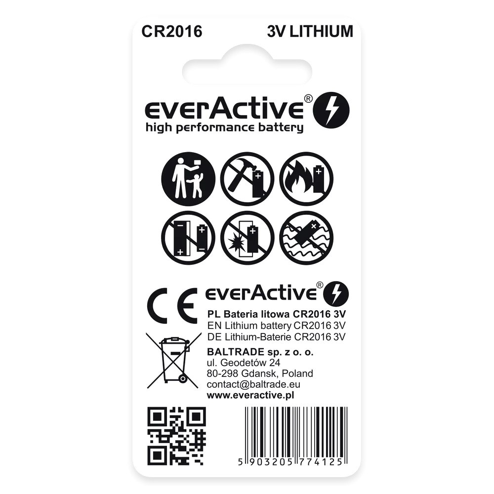 Bateri litium EverActive CR2016, 3V, paketim blister 2 copë