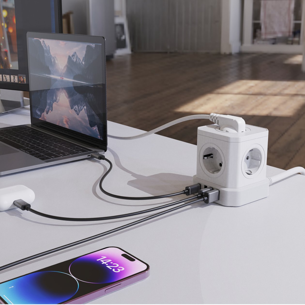 Shpërndarës energjie Newell GaN Power Cube 9in1, 5x AC, USB A dhe USB C, 1.5m, i bardhë