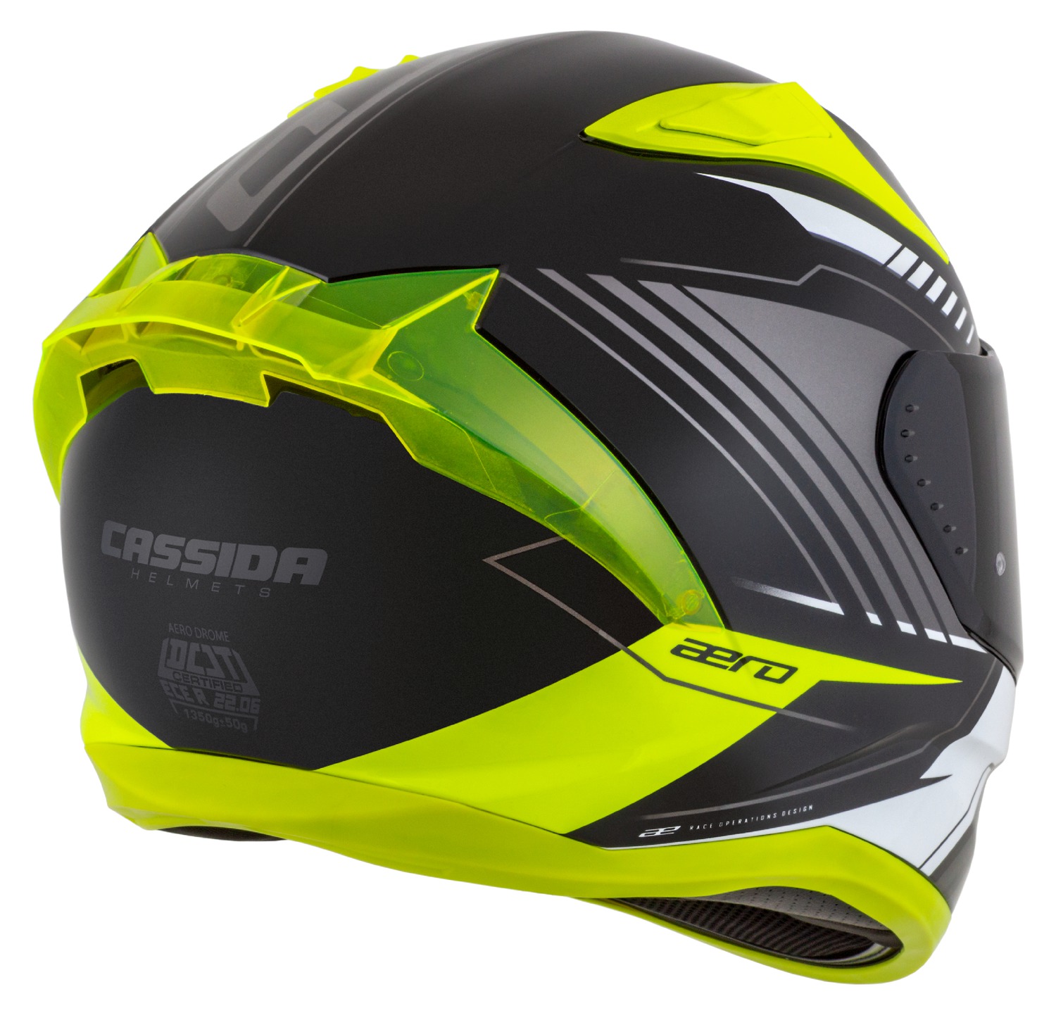 Helmetë moto CASSIDA Aero Drome, integrale, ECE 22.06, e zezë e verdhë fluo e bardhë gri
