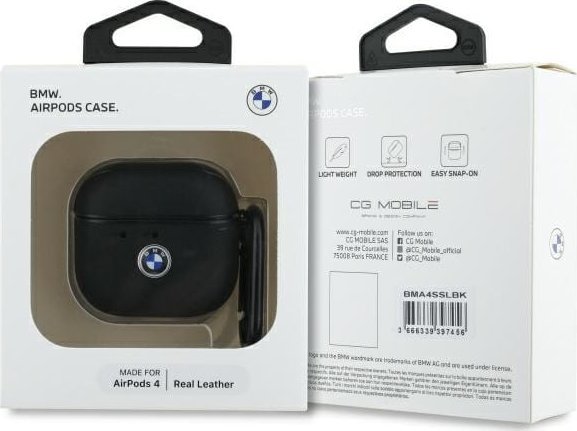 Mbulesë kufjesh BMW Genuine Leather për AirPods 4, lëkurë natyrale, me karabinë, e zezë