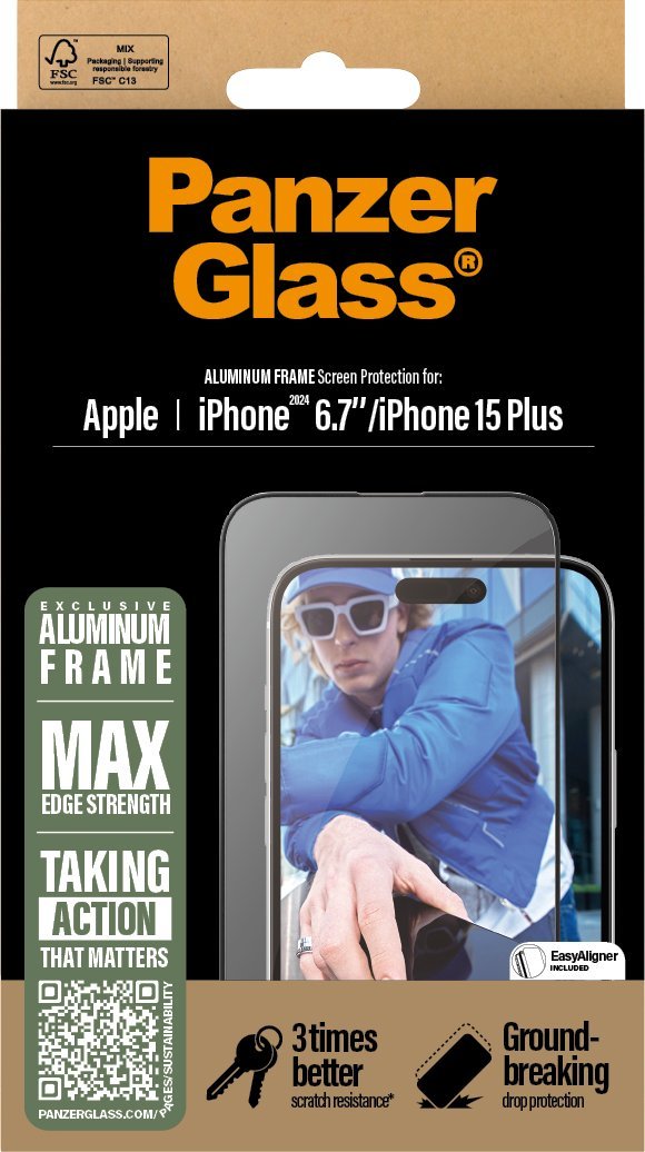 Qelq mbrojtës CARE by PanzerGlass, për iPhone 16 Plus dhe 15 Plus, kornizë alumini, transparent