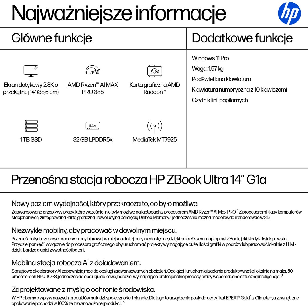 Laptop workstation HP ZBook Ultra G1A, 14", Ryzen AI MAX PRO, 32GB RAM, 1TB SSD
