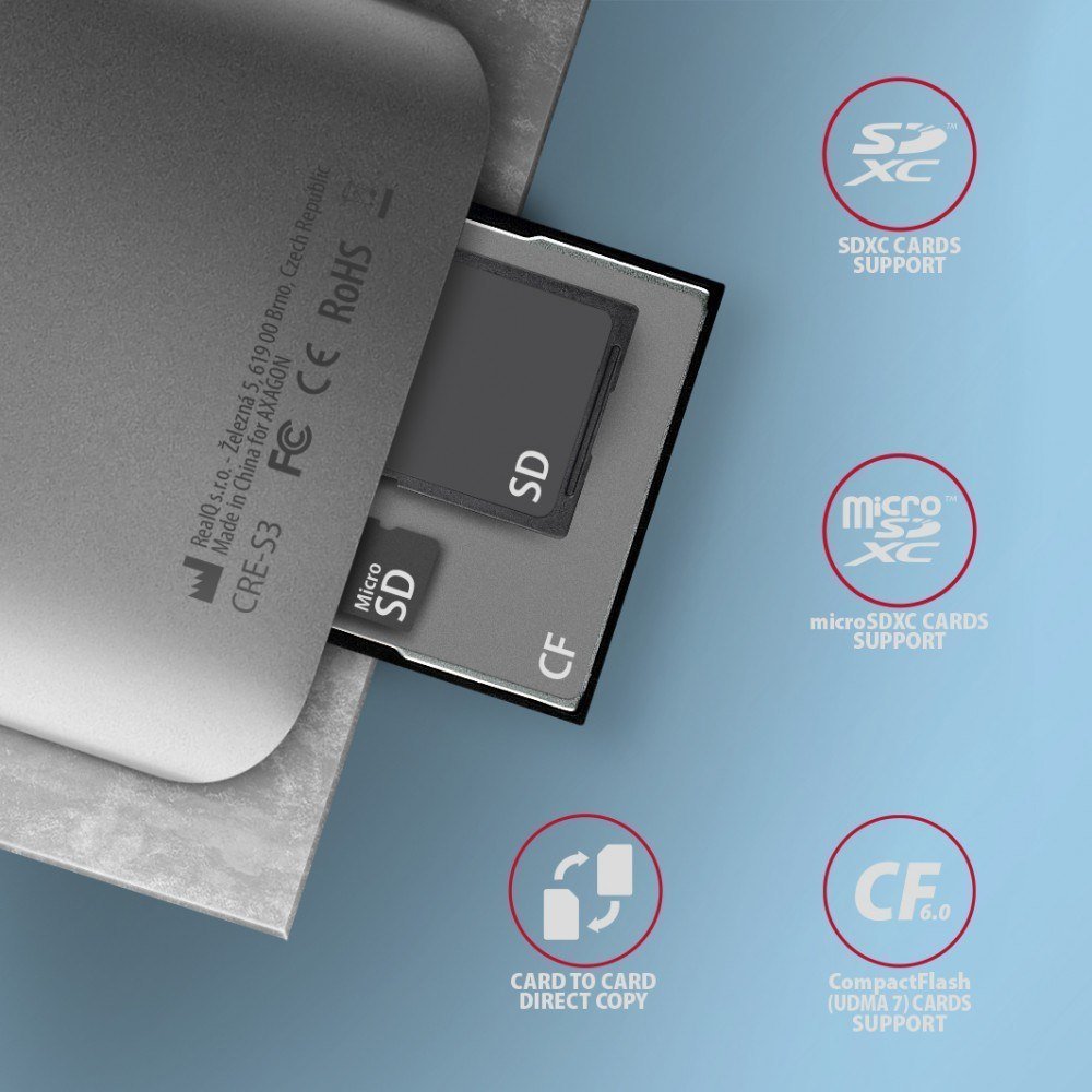 Lexues kartash Axagon CRE-S3, USB-A 3.2 Gen 1, 3 slote SD microSD CF, gri