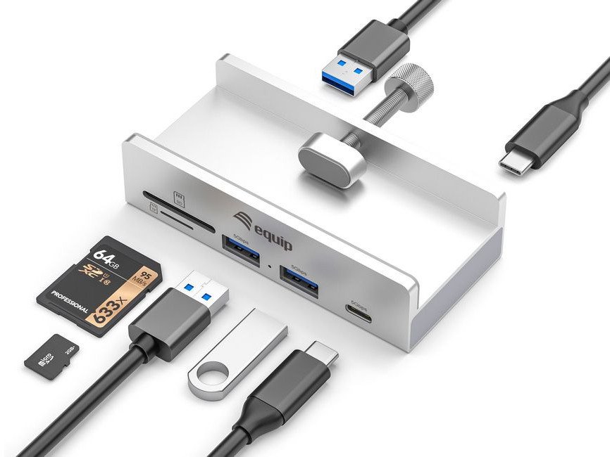 USB hub Equip 5 porta, USB-C në 2x USB-C 2x USB 3.2 5Gbps, argjendtë