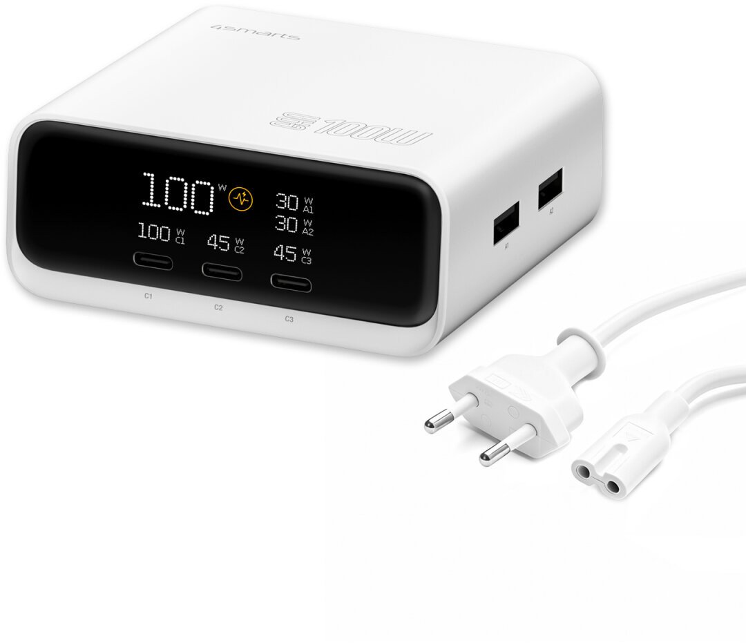 Karikues tavoline 4smarts Desk Charger GaN Screen, 100W, 3x USB C 2x USB A, i bardhë