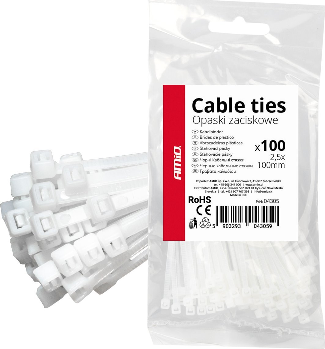 Shirita fiksues kabllosh AMiO 04305, 2.5×100mm, 100 copë, të bardhë