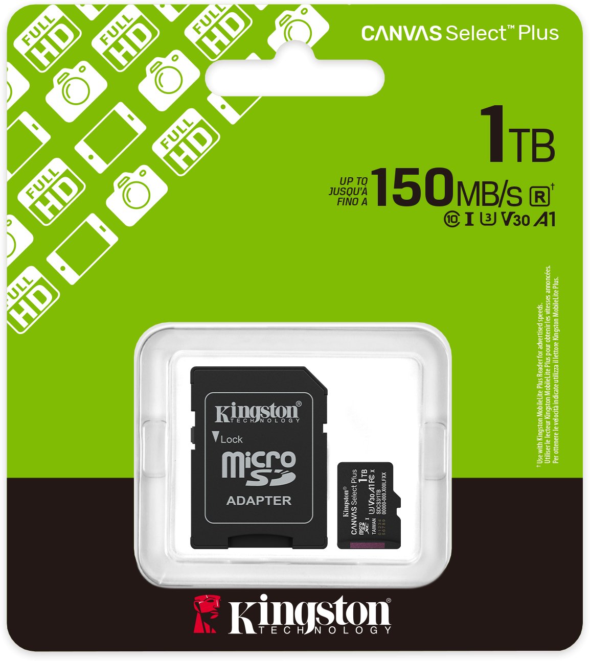 Kартичка меморија Kingston Canvas Select Plus Gen3, 1TB, MicroSDXC A1 150MB/s, со адаптер