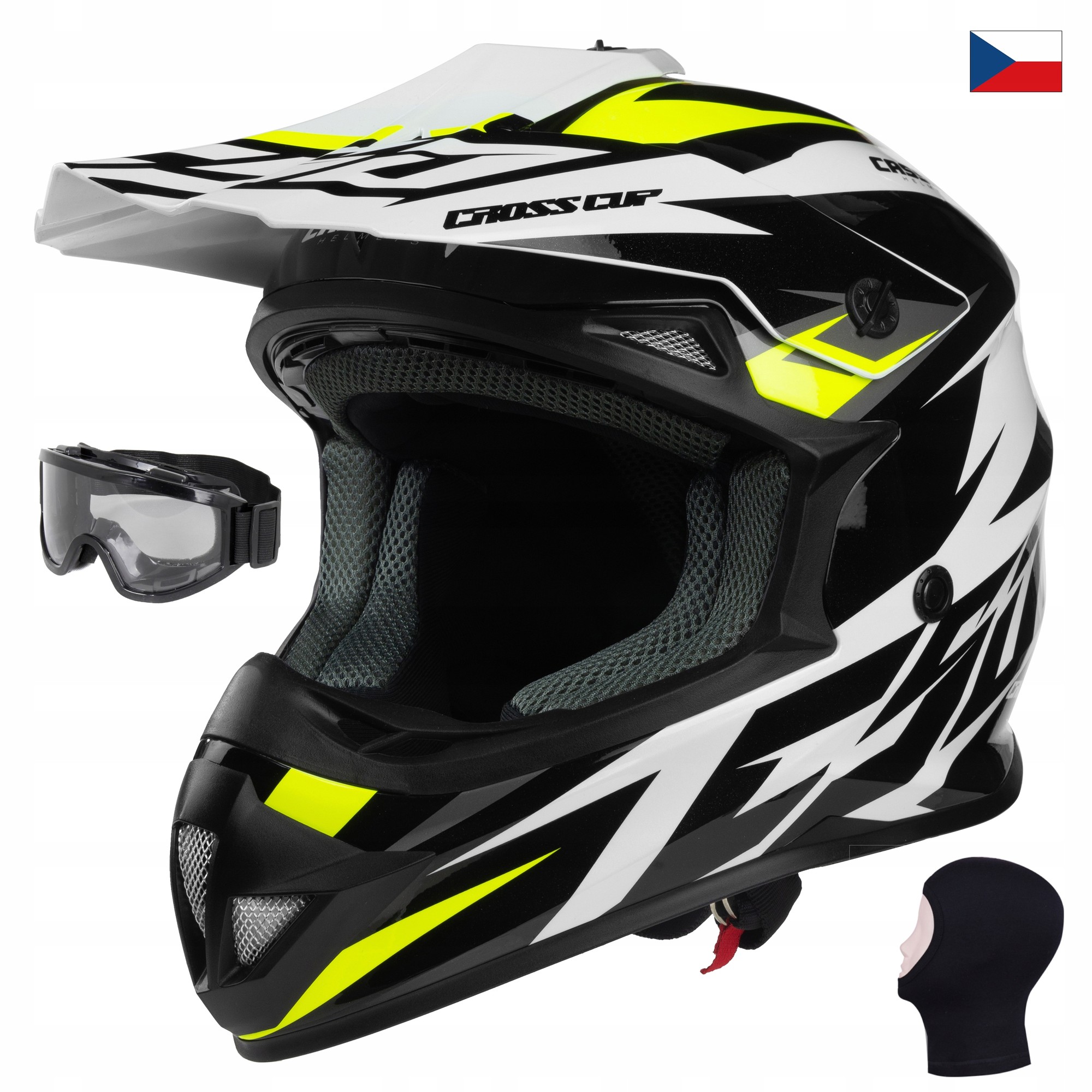 Helmetë cross moto Cassida XL, polikarbonat, me syze dhe balaklava, e zezë