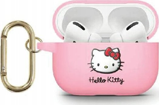 Mbrojtëse silikoni për AirPods Hello Kitty, me karabinier, rozë