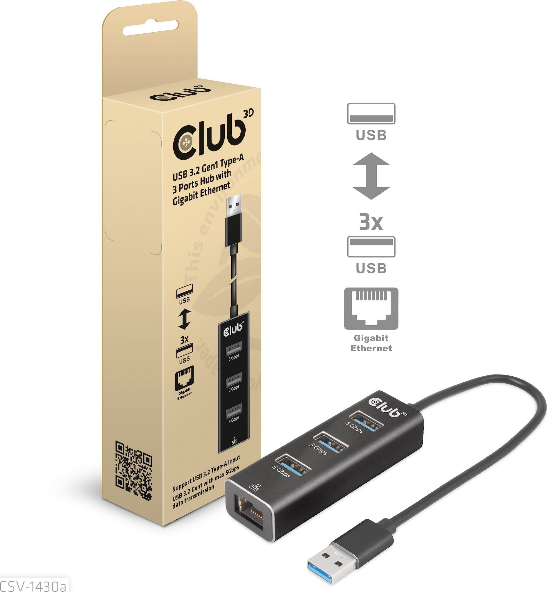 Splitter USB Club 3D CSV-1430a, USB-A 3.2 Gen1 në 3x USB 3.1, Gigabit Ethernet, i zi
