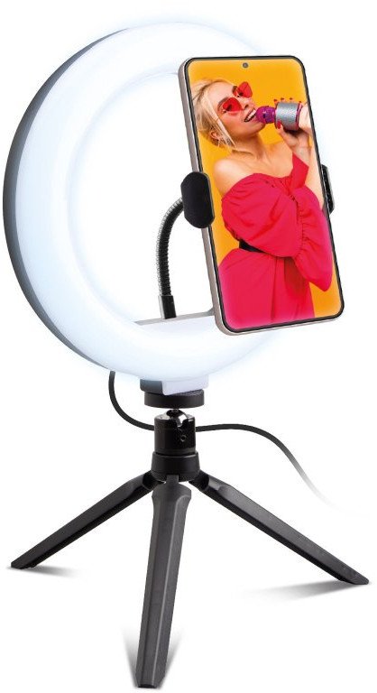 Unazë ndriçimi me tripod SBS LED Ring, 20 cm, me mbajtëse telefoni, e bardhë
