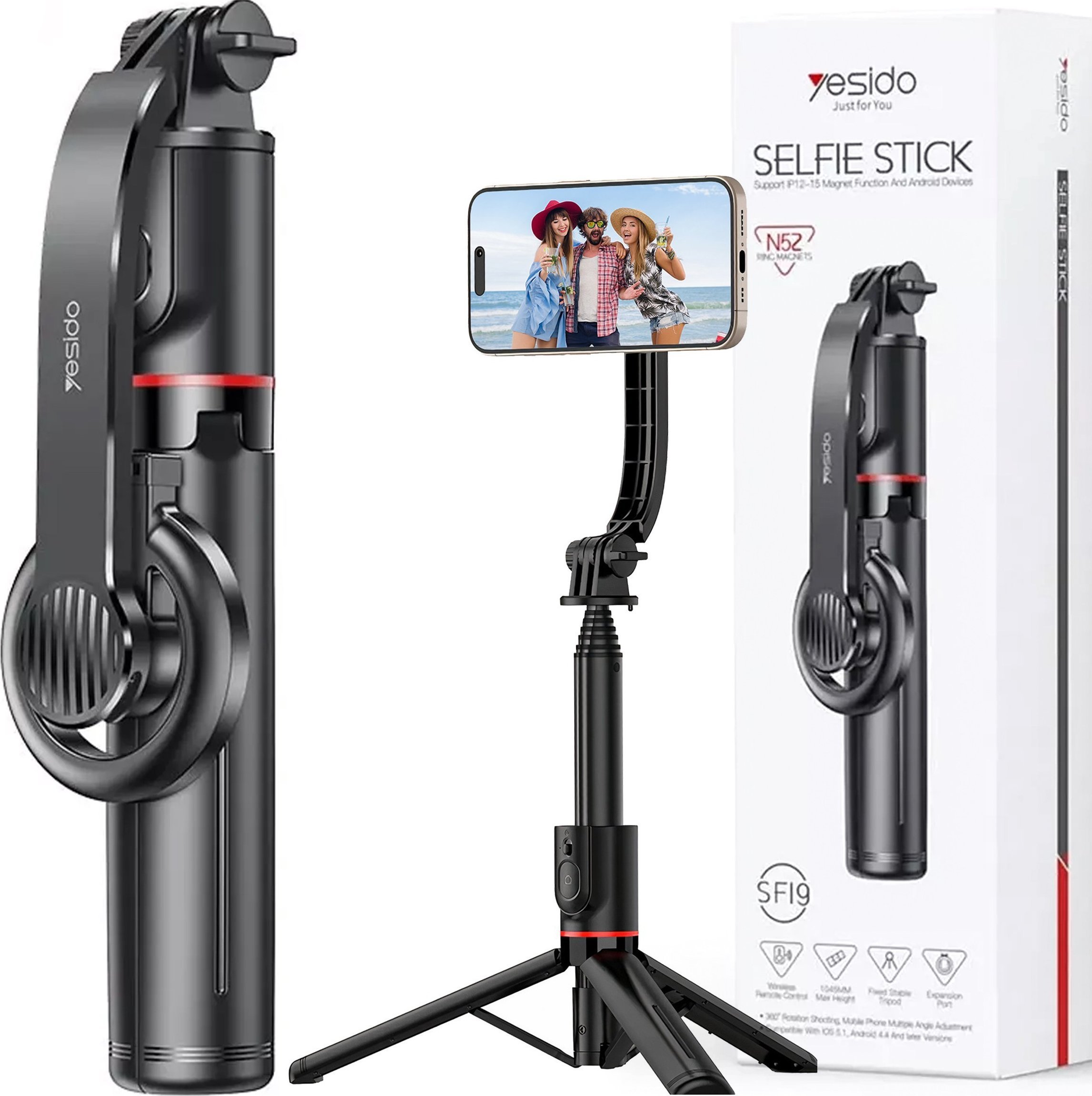 Selfie stick Yesido SF19, me telekomandë pa tela, me tripod, i zi