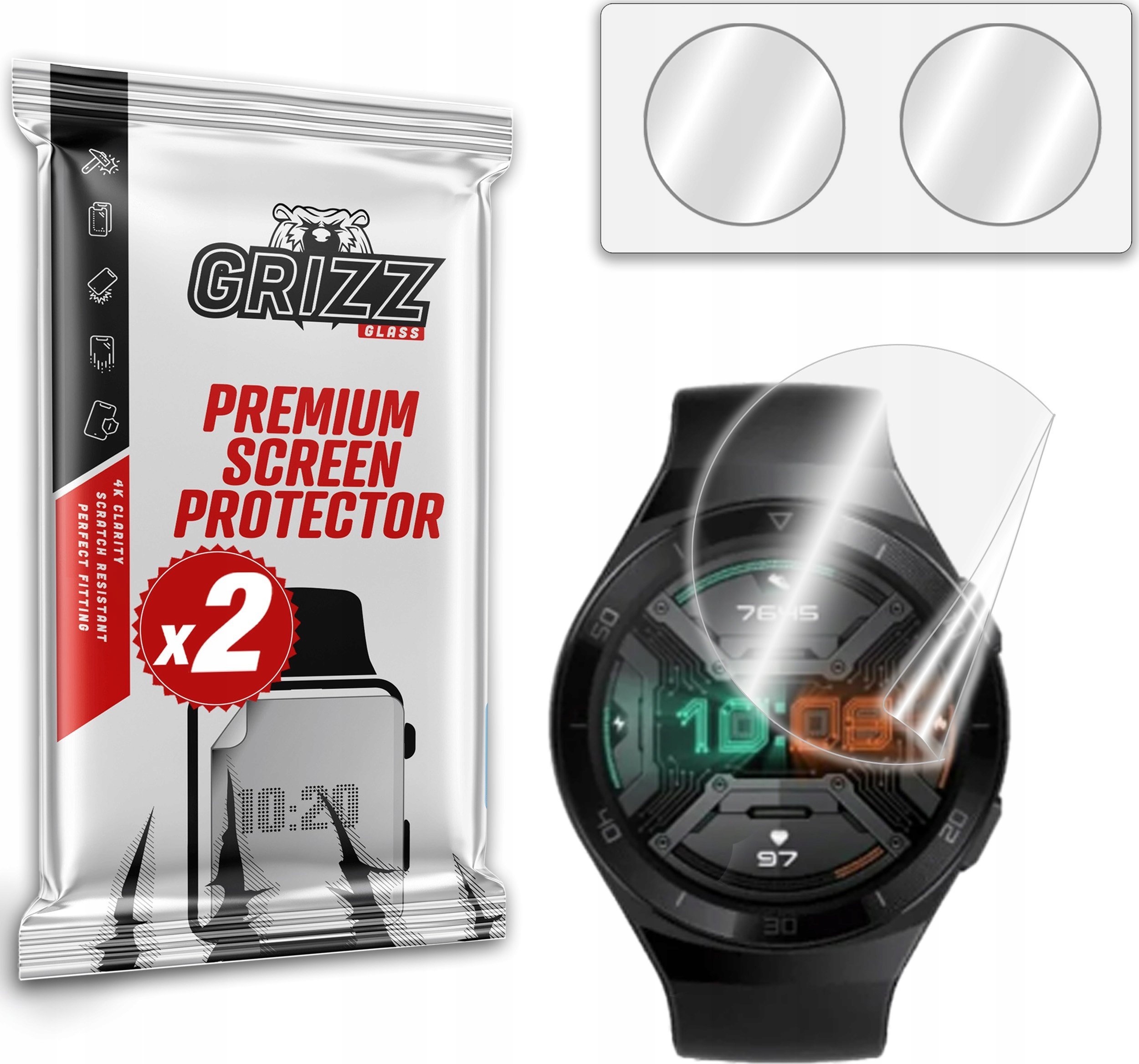 Mbrojtëse ekrani GrizzGlass Ceramic Film për Huawei Watch GT 2e 46mm, paketim 2 copë, transparente