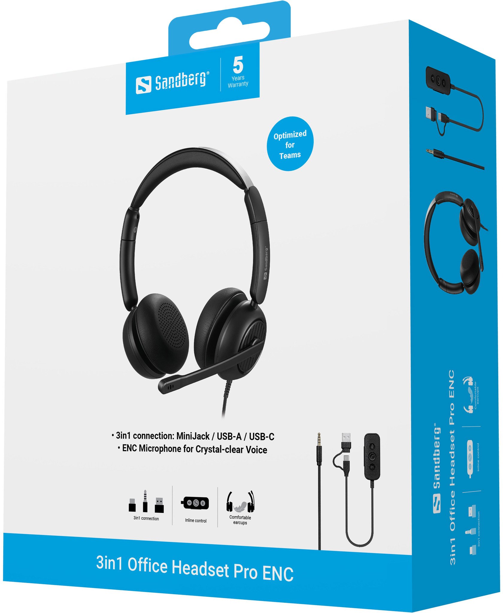 Kufje Sandberg 3in1 Office Headset Pro ENC, me mikrofon, lidhje 3.5mm USB A USB C, e zezë