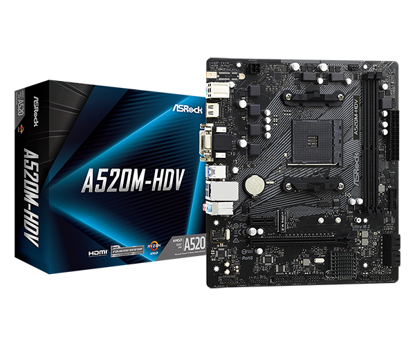 Pllakë Amë ASRock A520M-HDV – AM4, DDR4, M.2, HDMI/DVI/VGA, Micro-ATX