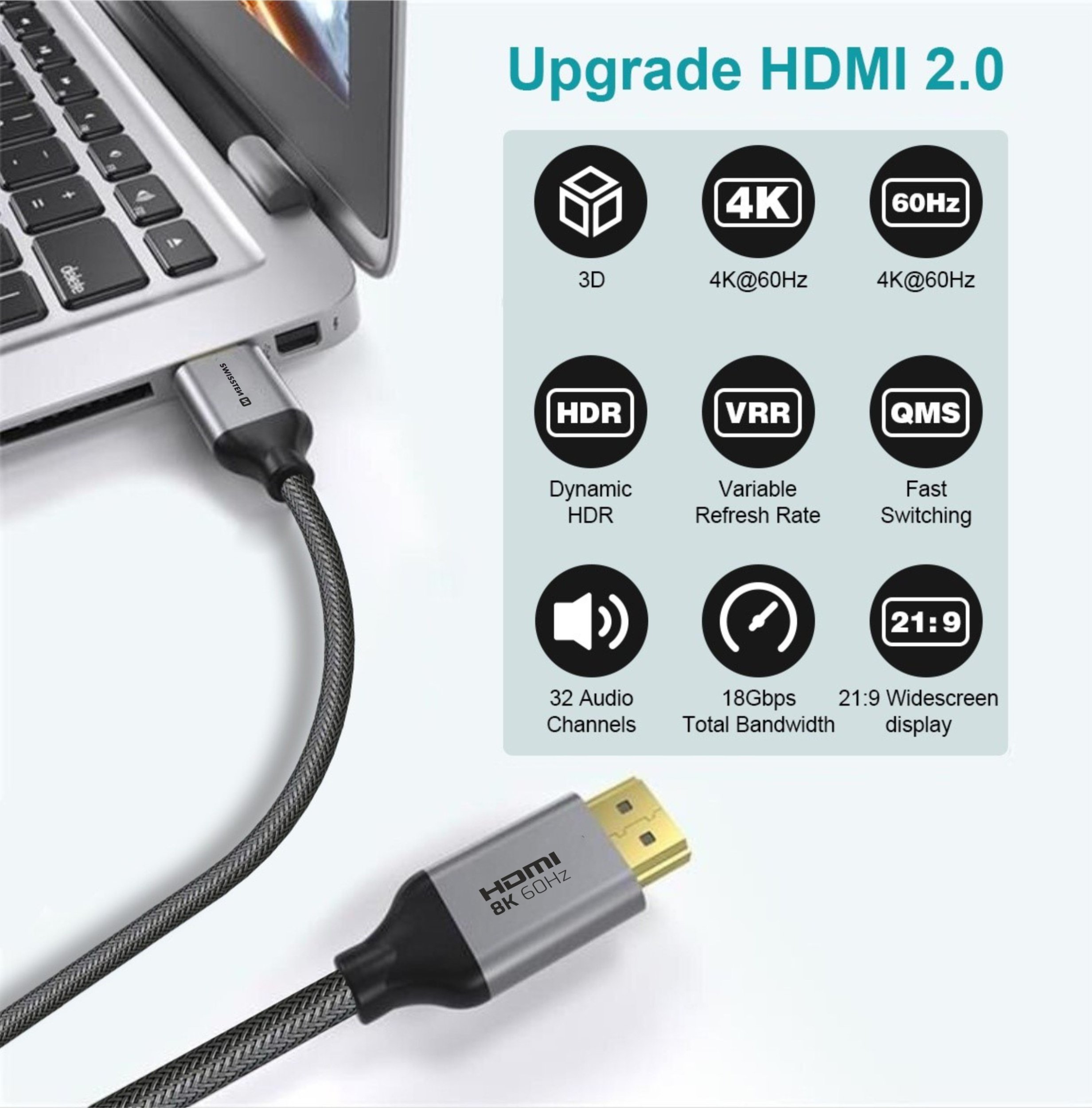 Kabllo HDMI Swissten HDMI në HDMI, 8K 60Hz, 2 m, e zezë