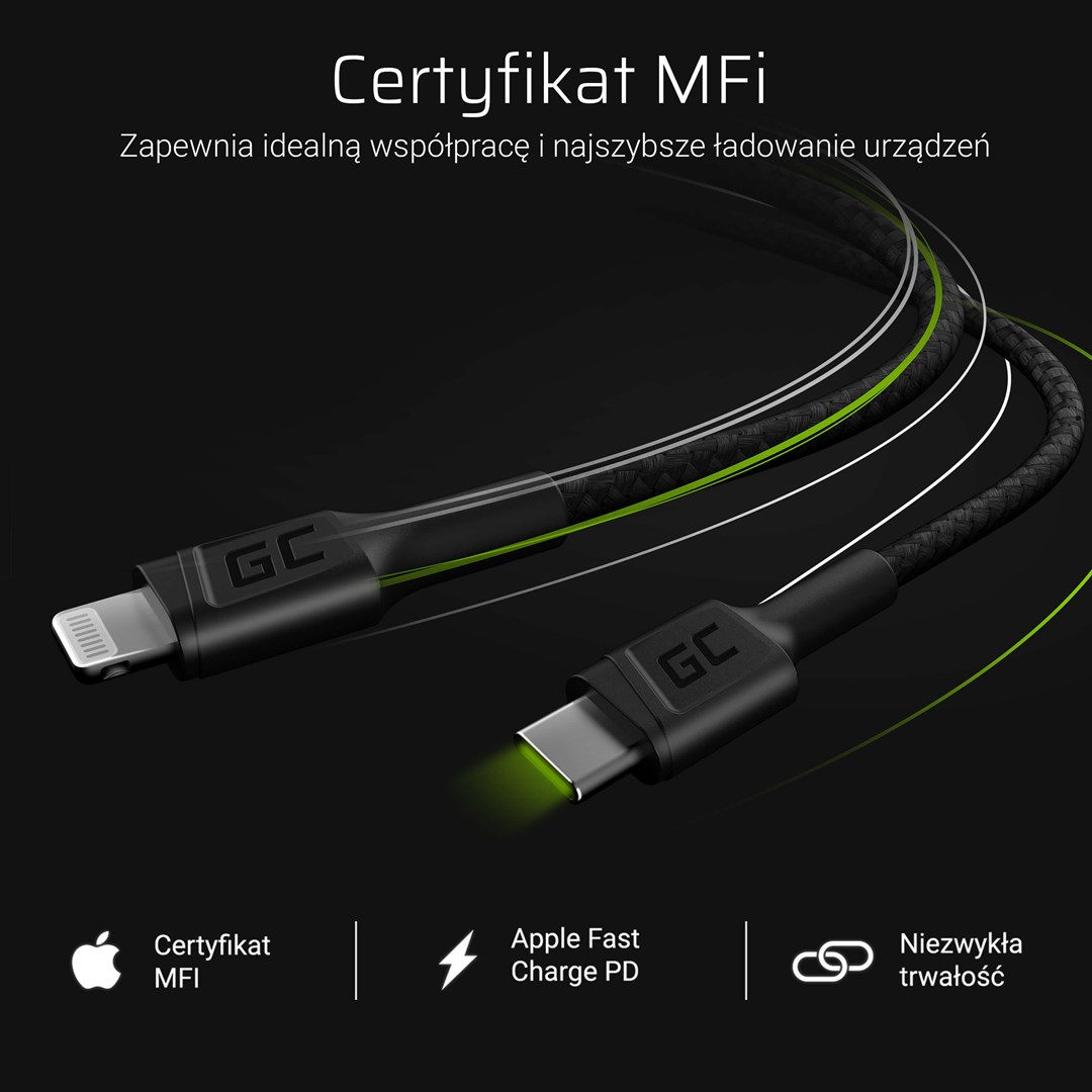 Kabllo USB Green Cell, USB-C në Lightning, 1m, e zezë