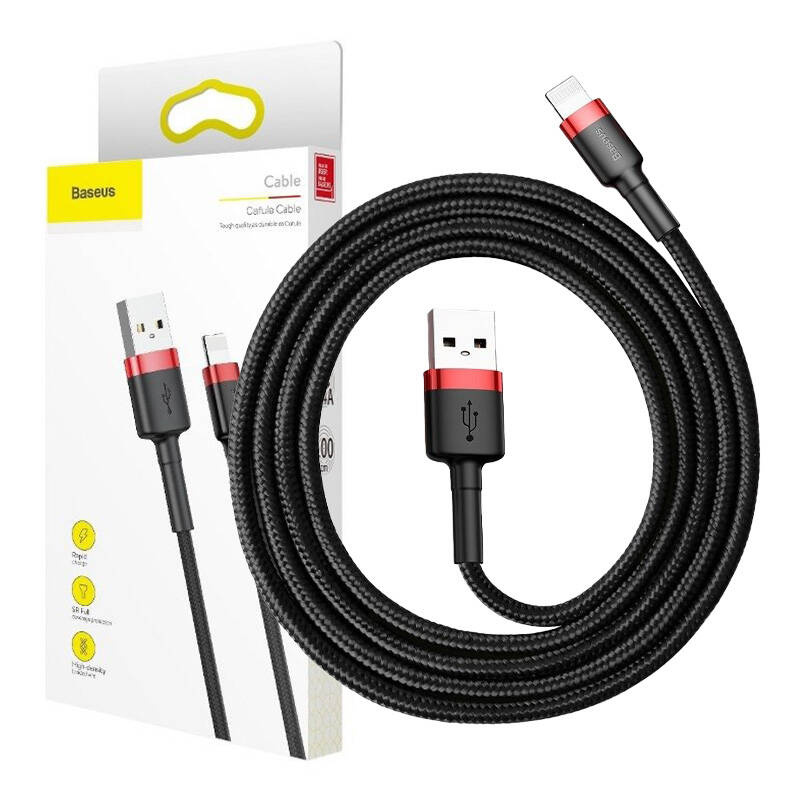 Kabllo USB Baseus Cafule, USB A në Lightning, 1 m, 2.4A, e zezë e kuqe