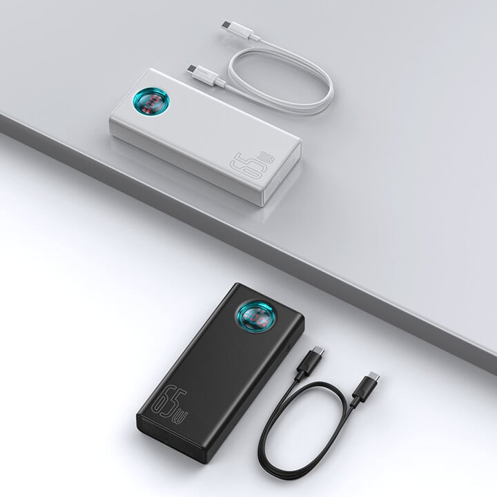 Power bank Baseus со дигитален дисплеј Ambilight Overseas Edition, 30000mAh, QC, црн + USB-C кабел 100W, 1m, бел