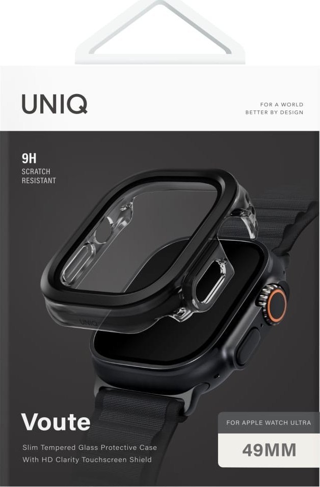 Заштитна маска Uniq Voute за Apple Watch Ultra 49mm, калено стакло, пластична рамка, црна