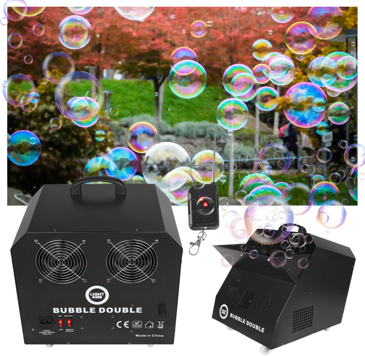 Makina flluska Light4me BUBBLE DOUBLE, 300W, me telekomandë pa tela, e zezë